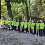 Grupowe zdjęcie dzieci przy powalonym drzewie w parku.